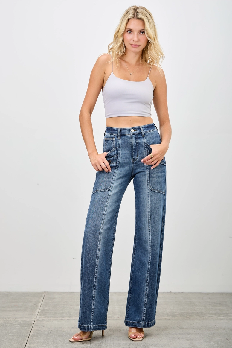 High Rise Bootcut Jeans w/Patched Pocket