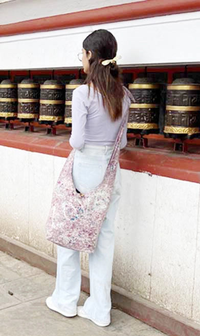 Cotton Dye Drip Crossbody Bag with Floral Pattern