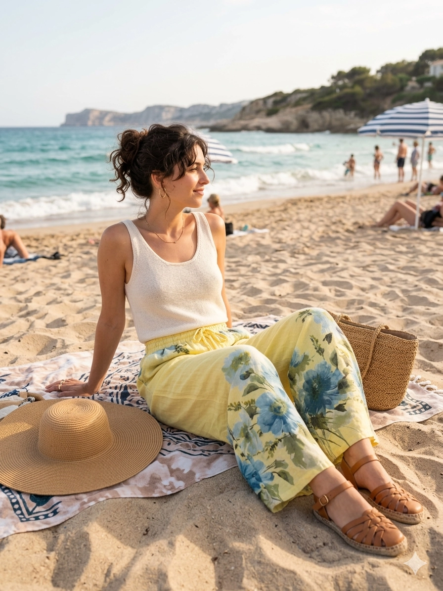 Floral Wide Leg Drawstring 100% Linen Pants