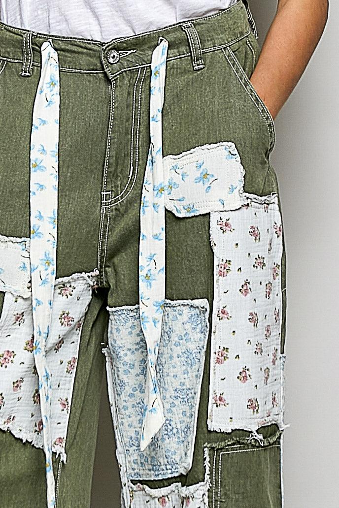 Patchwork Detail Denim Straight Fit Pants