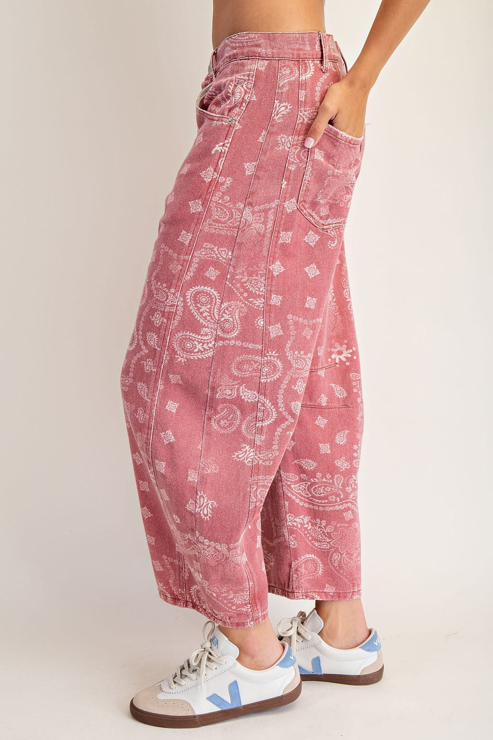 Mineral Washed Paisley Printed Barrel Jeans