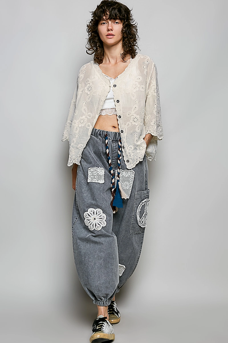 V-Neck Relaxed Fit Vintage Washing Crochet Shirt Top