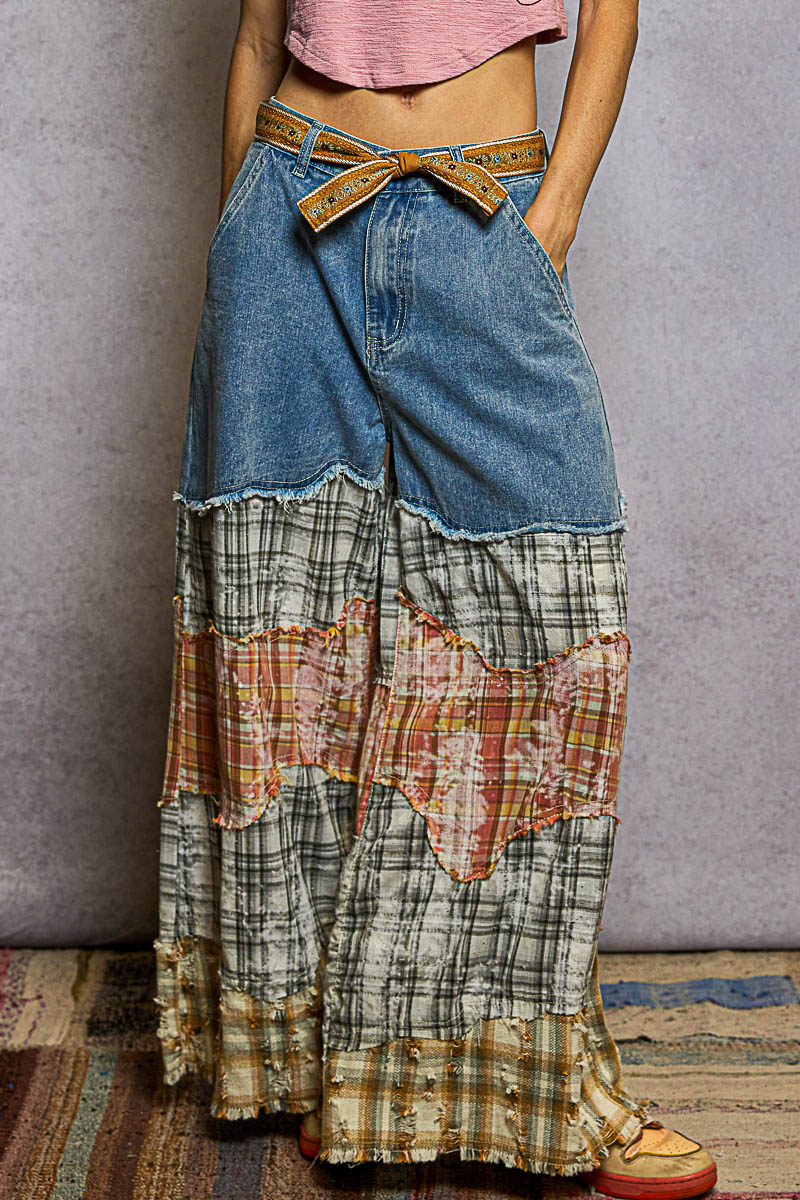 Asymmetrical Patchwork Buckle Back Pants