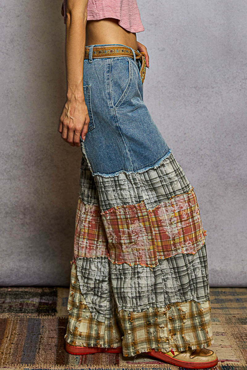 Asymmetrical Patchwork Buckle Back Pants