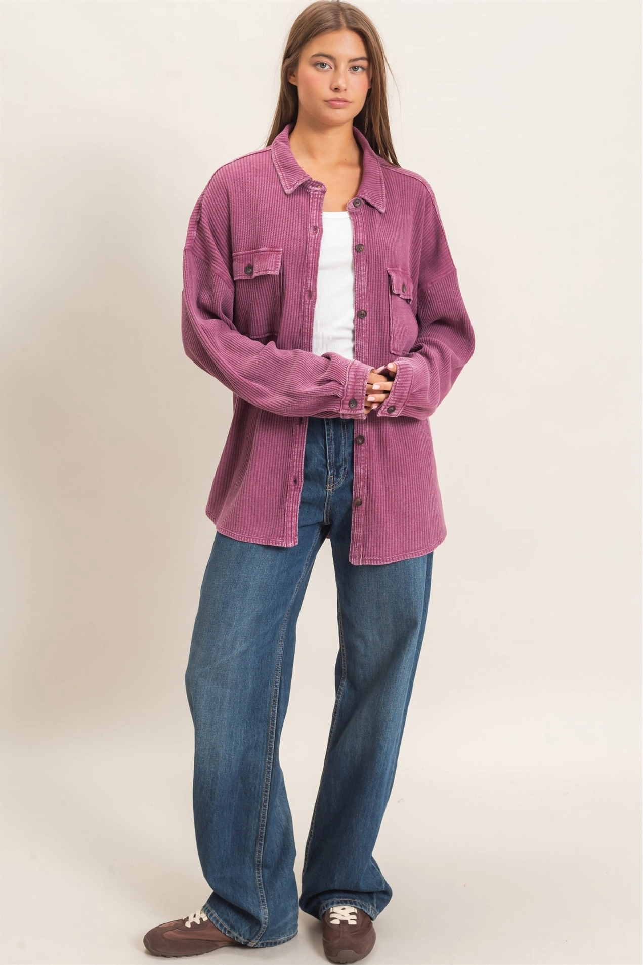Mineral Wash Waffle Knit Button-Up Jacket