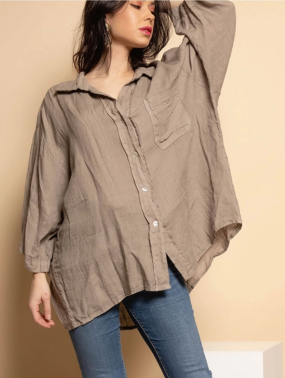 Oversized Linen Button Top-Beige