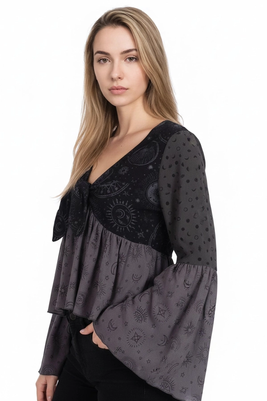Celestial Patchwork Tie Front Top