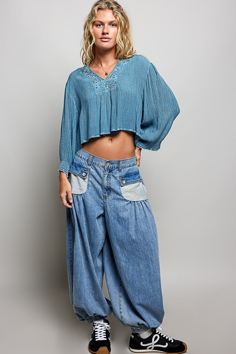 V Neck Embroidered Woven Blouse