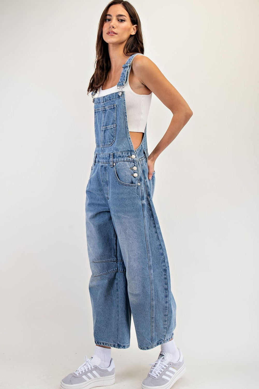Mineral Washed Barrel Leg Jumpsuit