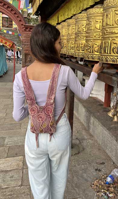 Purple Cotton Crossbody Bag with Hand Woven Flower