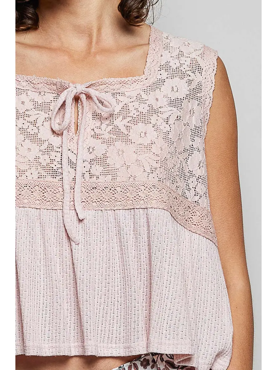 Lace Tie Front Peplum Sleeveless Top