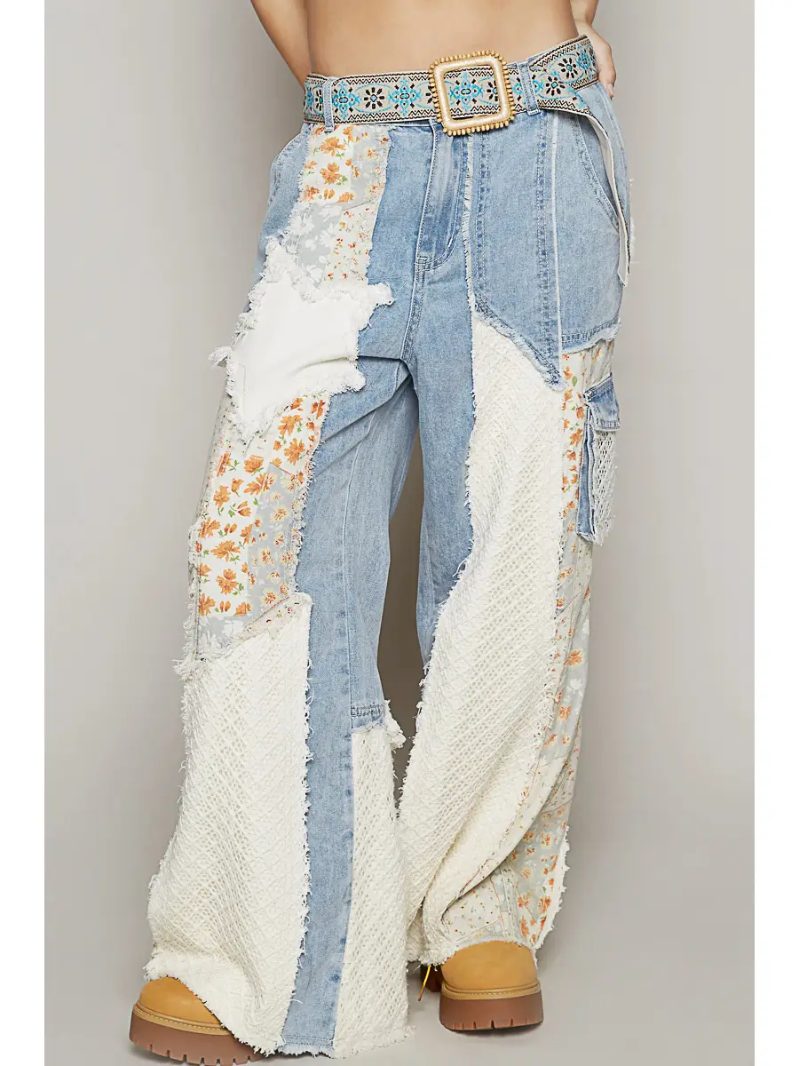 Printed Patchwork Detail Woven Twill Pants