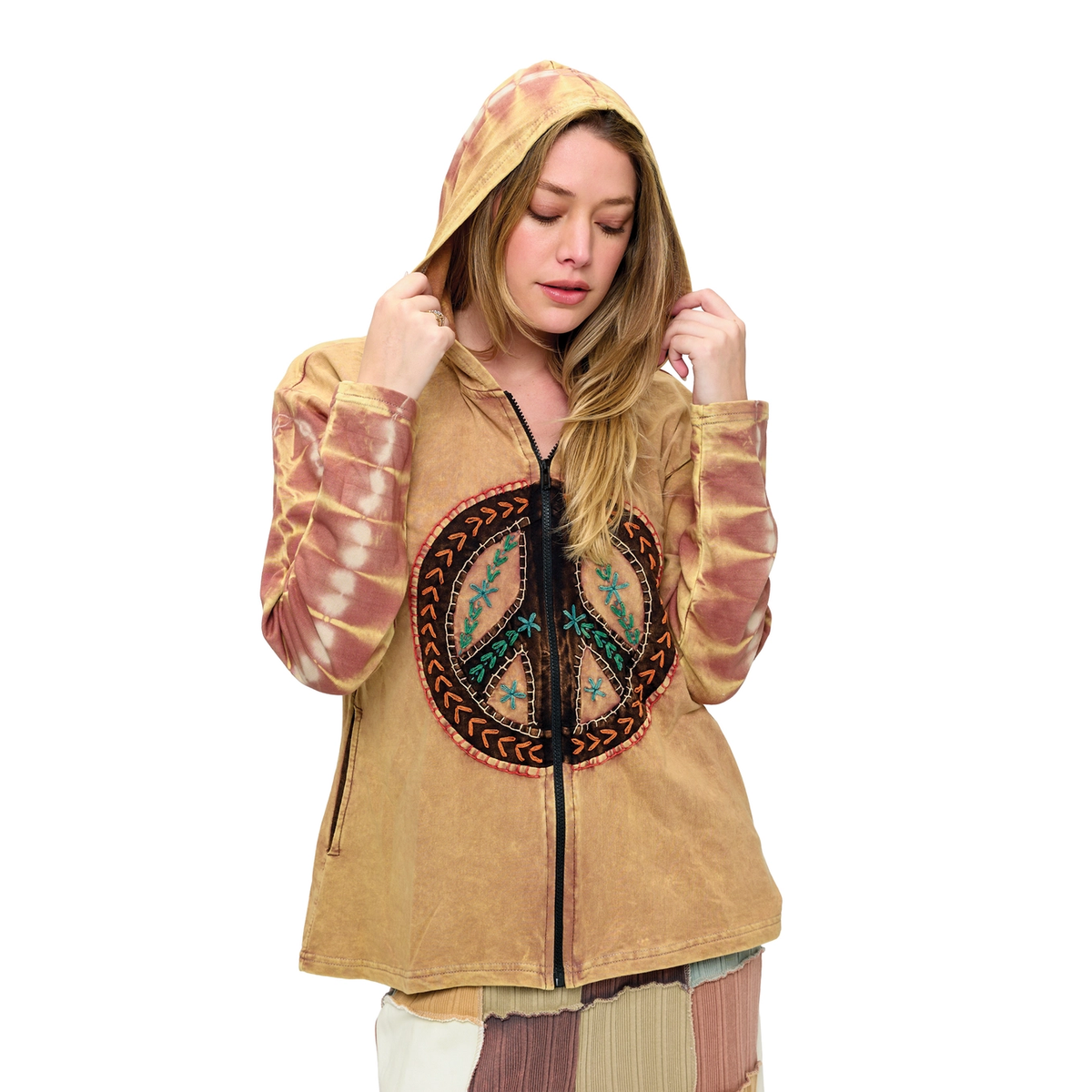 Zip-Up Peace Sign Patch Embroidered Hoodie