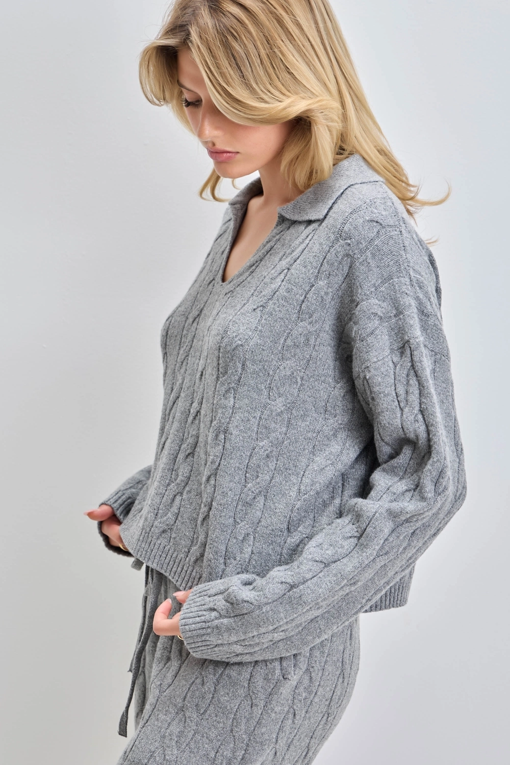 Cable Knit Collared V Neck Sweater