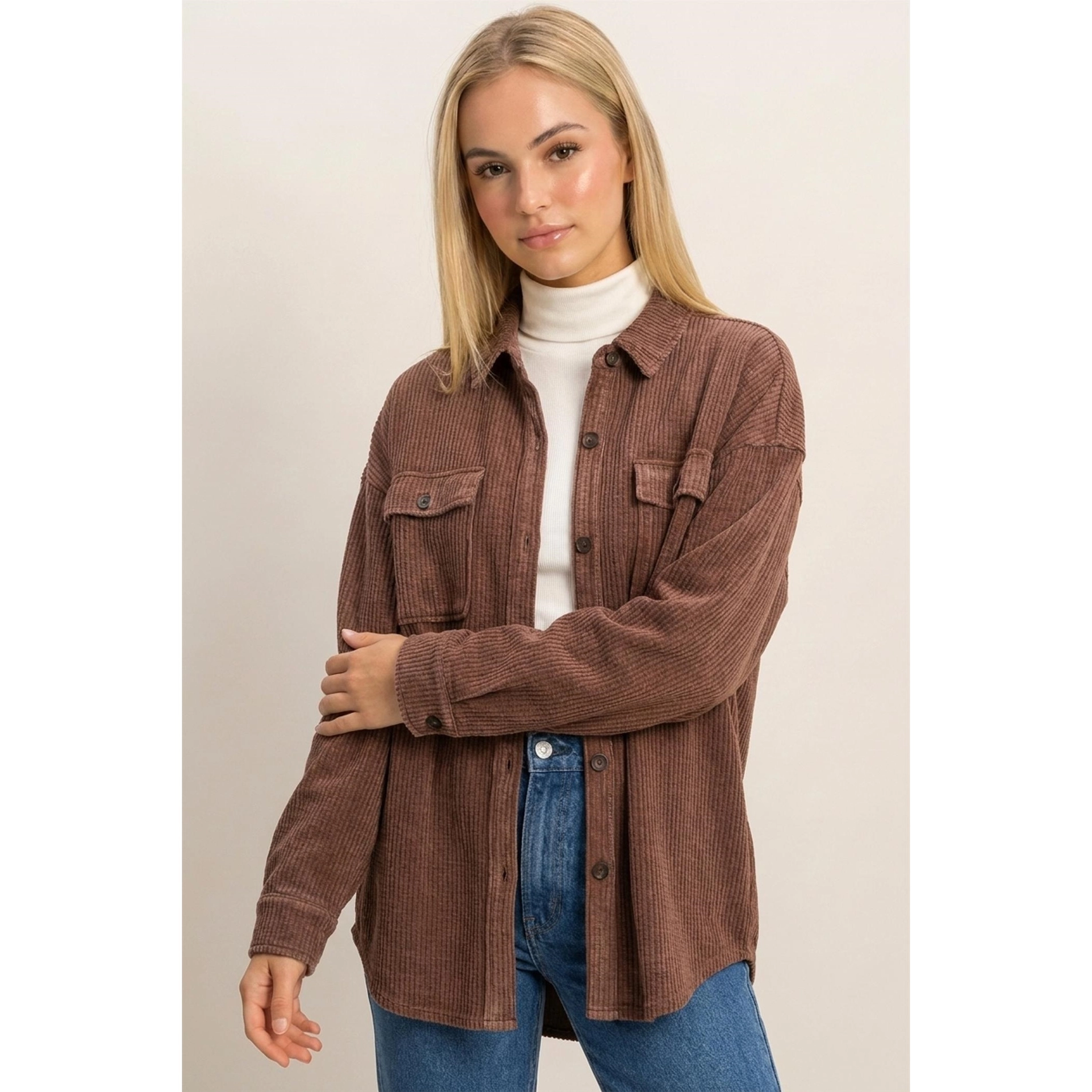 Mineral Wash Waffle Knit Button-Up Jacket