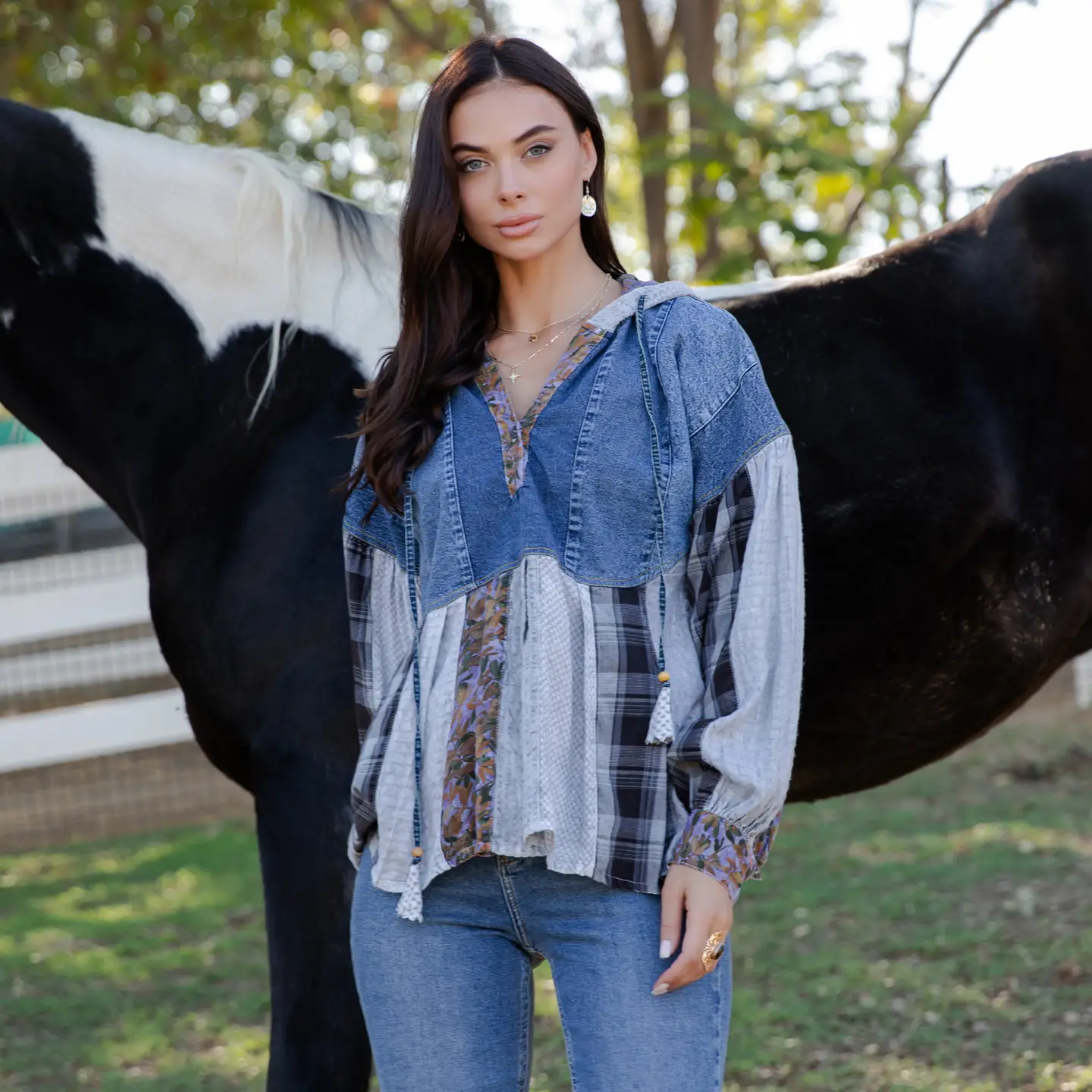 Plaid Denim Patch Hoodie