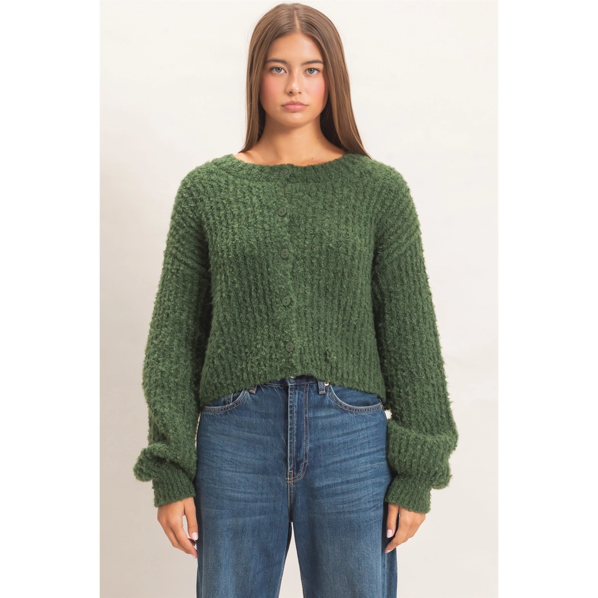 Boucle Knit Button Front Cardigan