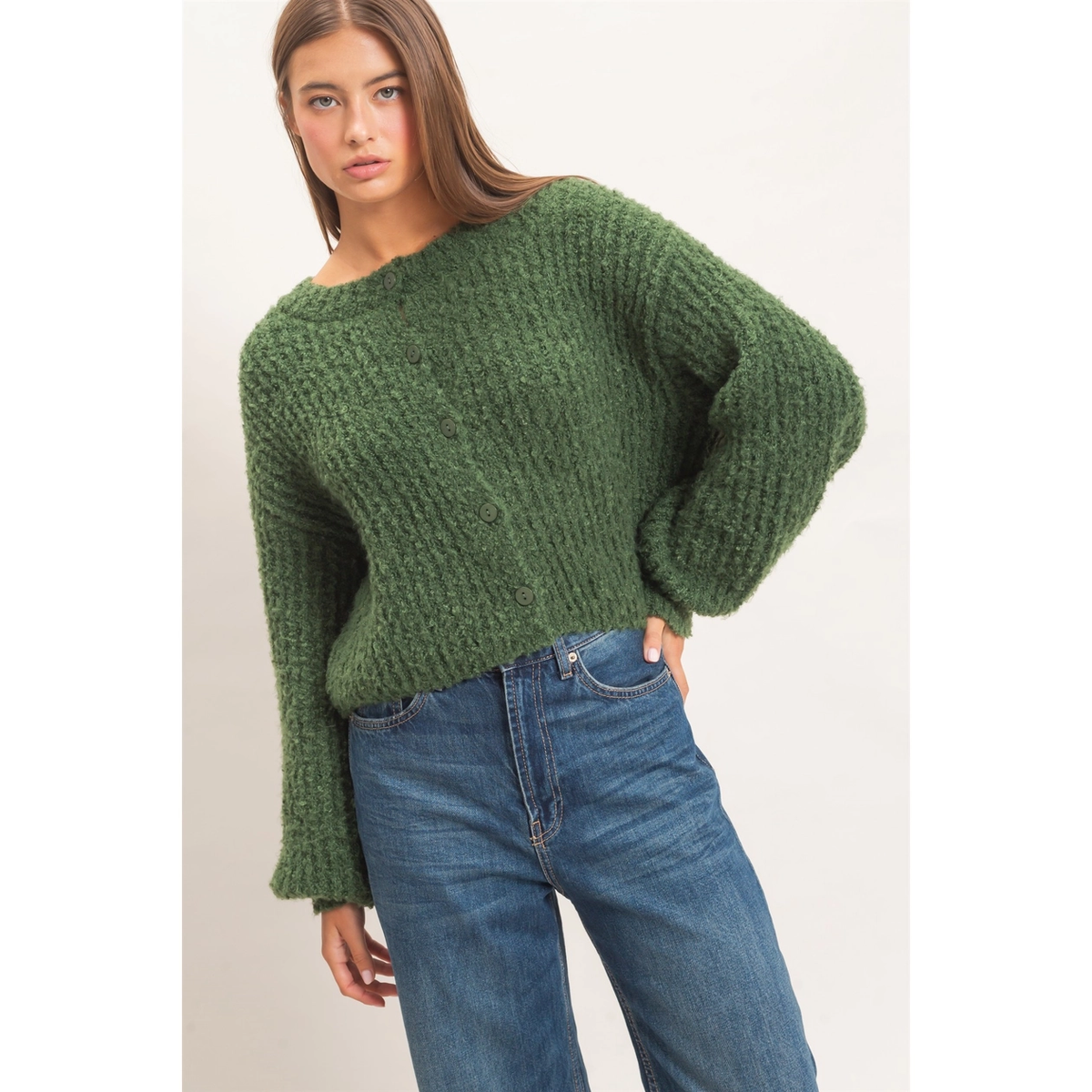 Boucle Knit Button Front Cardigan