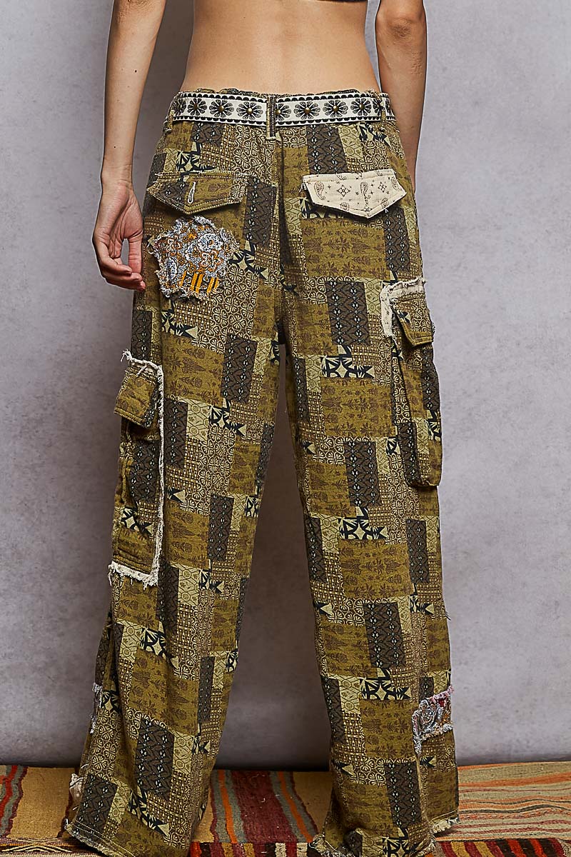 Contrast Patches Printed Straight Woven Twill Pants