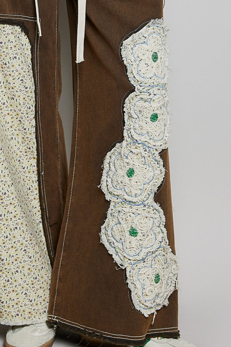 Drawstring Floral Patch Denim Pants