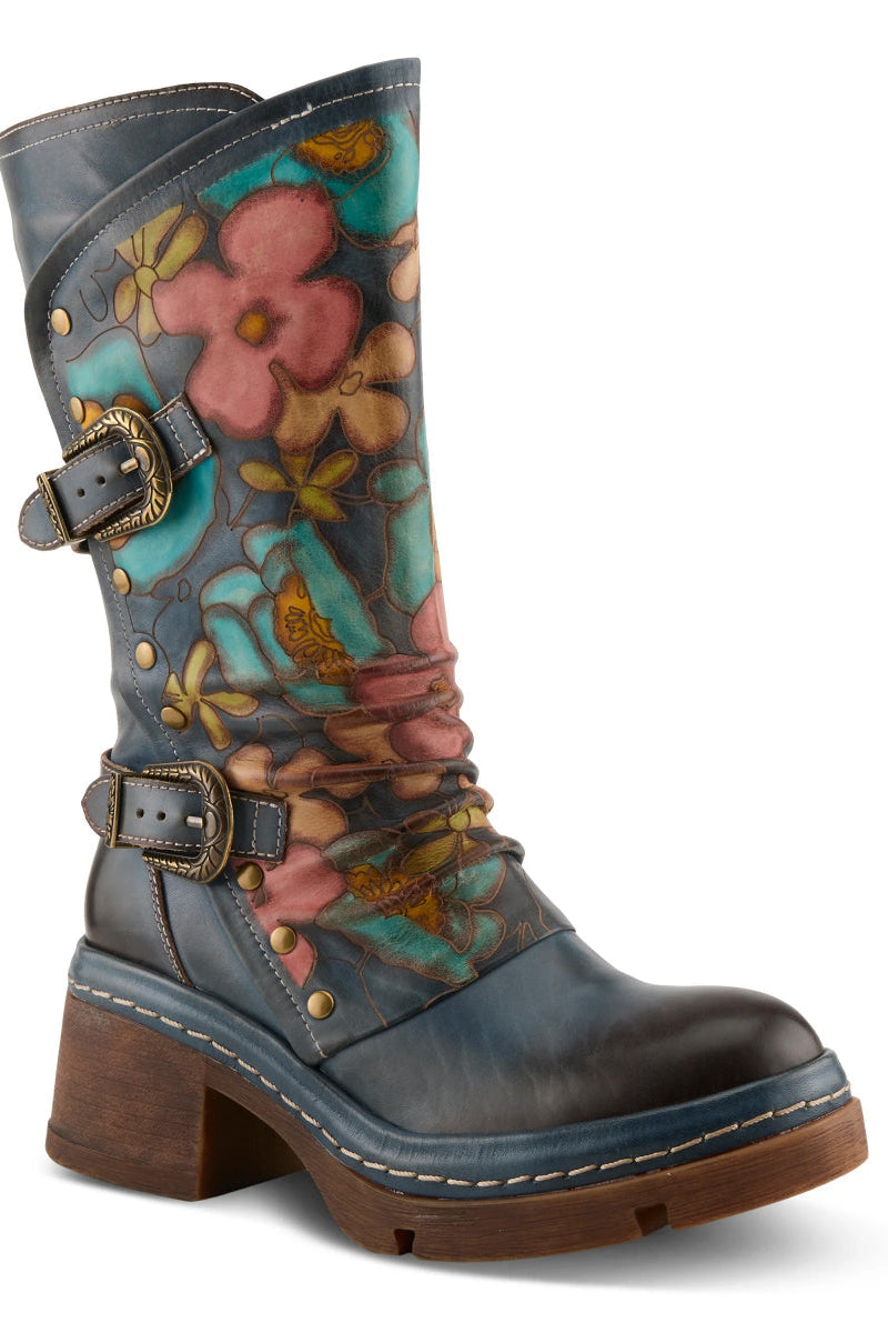 Floral-patterned boot with decorative buckles on a white background