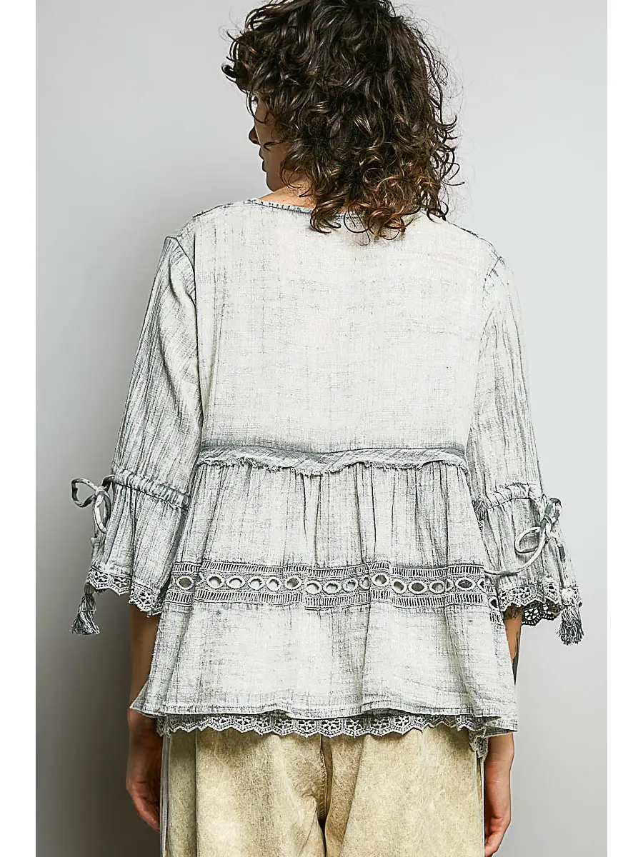 V-Neck Embroidery Ruffle Top