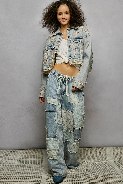 Floral Embroidery Lace Trim Denim Jacket