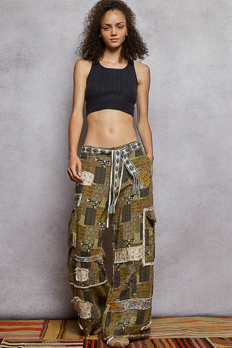 Contrast Patches Printed Straight Woven Twill Pants