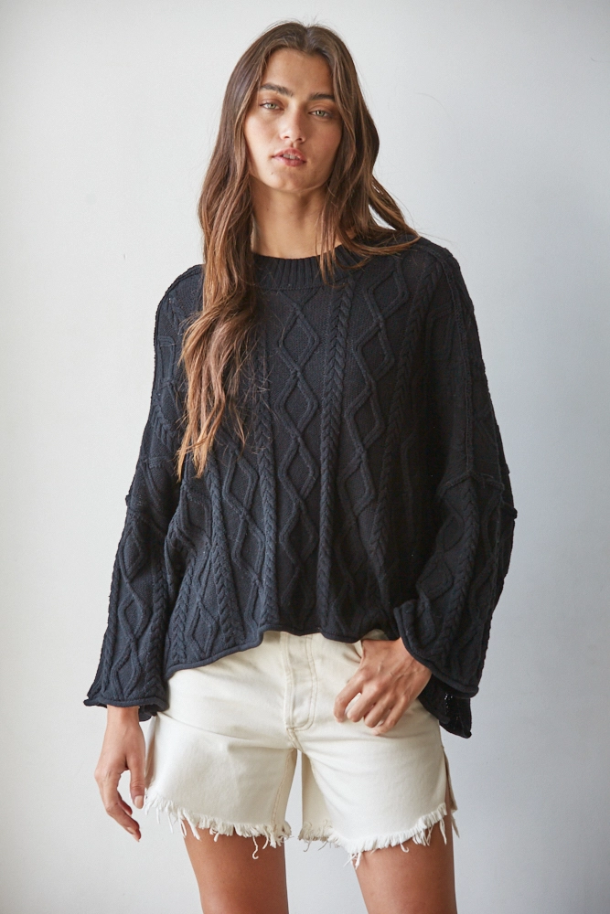 Knit Cable Sweater Cotton 3/4 Sleeve Pullover