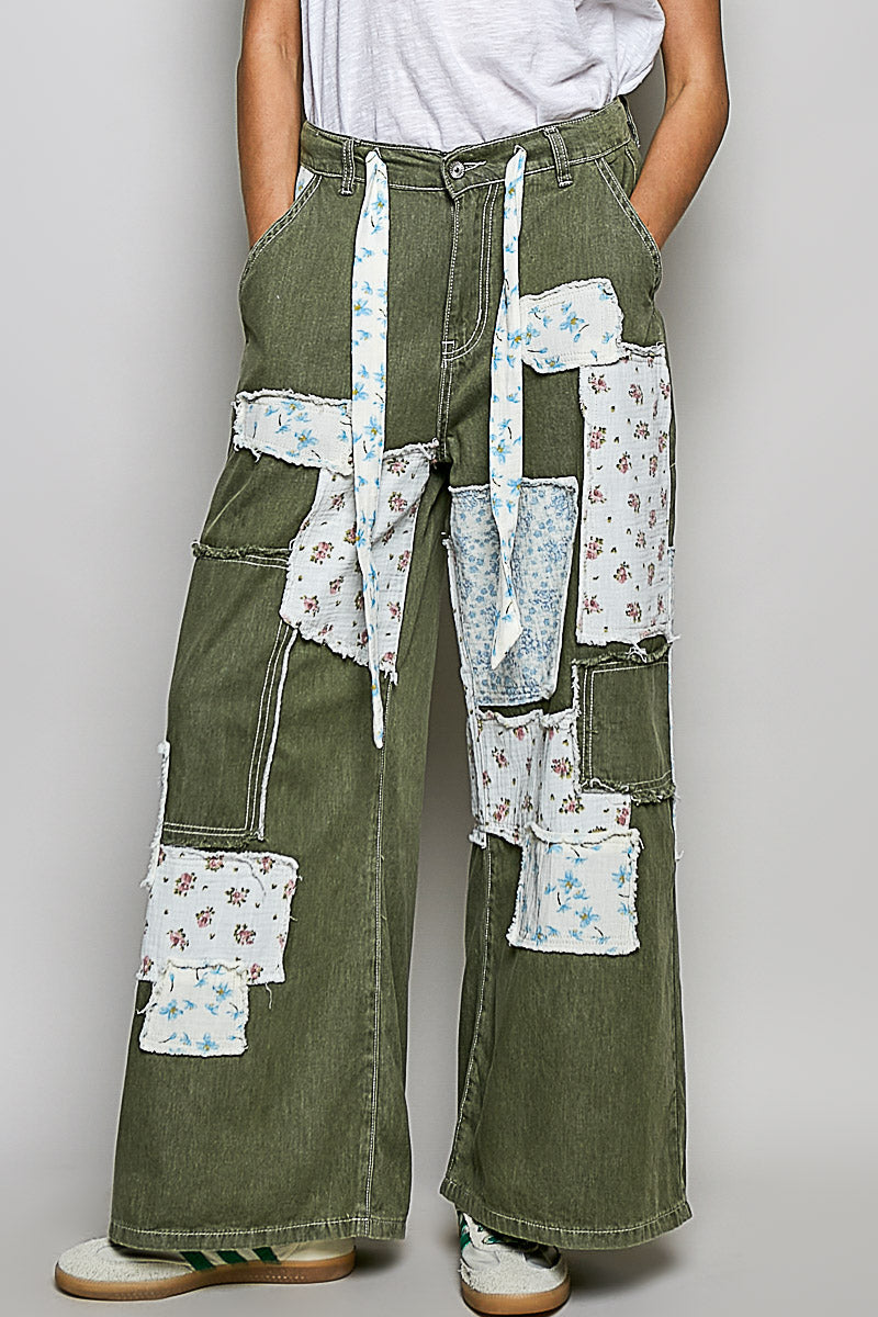 Patchwork Detail Denim Straight Fit Pants