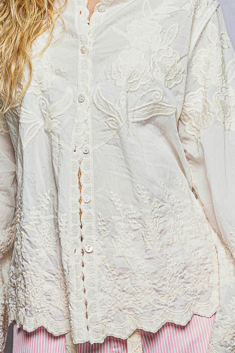 Long Sleeve Embroidered Scalloped Edge Shirt Top