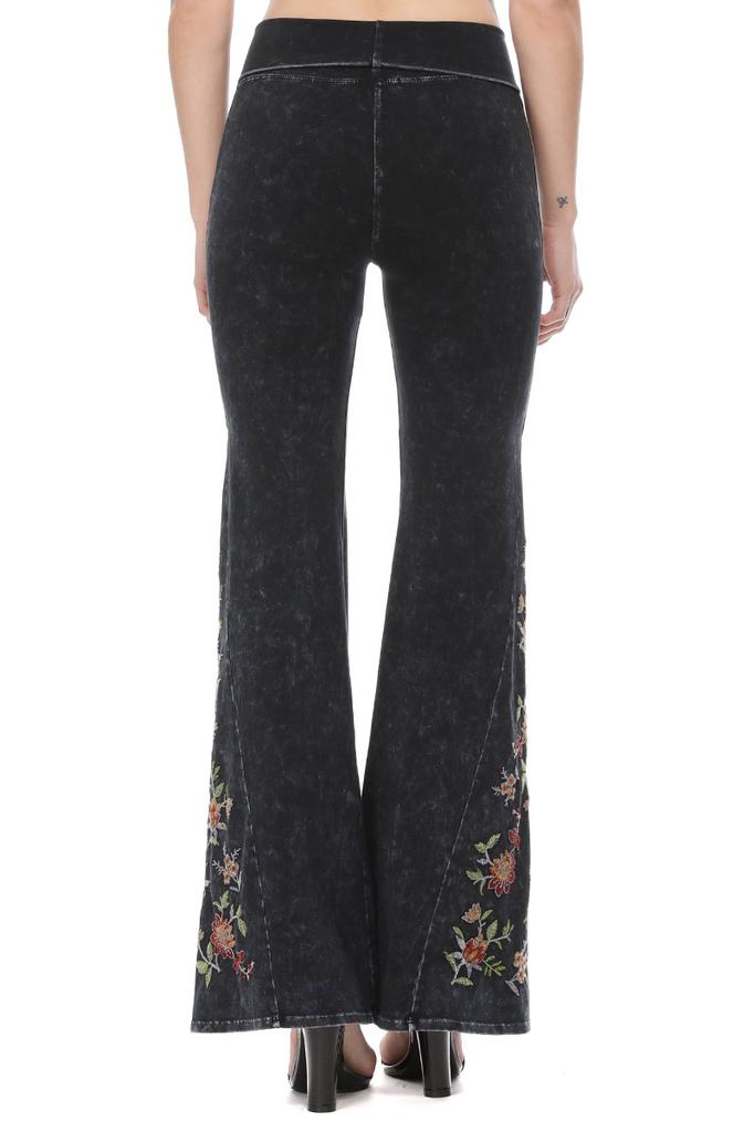 Mineral Wash Floral Embroidered Flare Yoga Pants