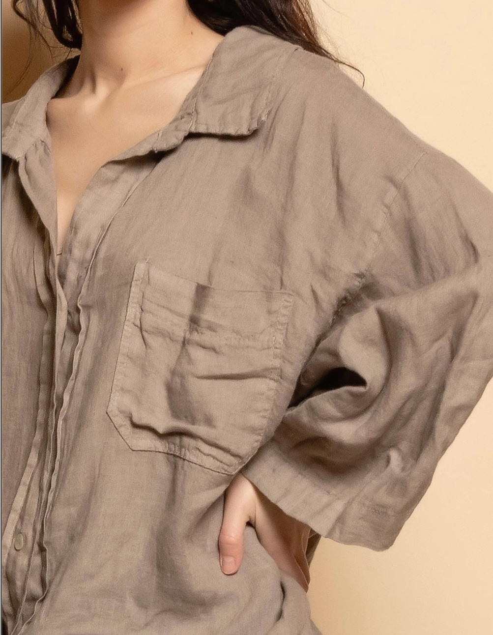 Oversized Linen Button Top-Beige