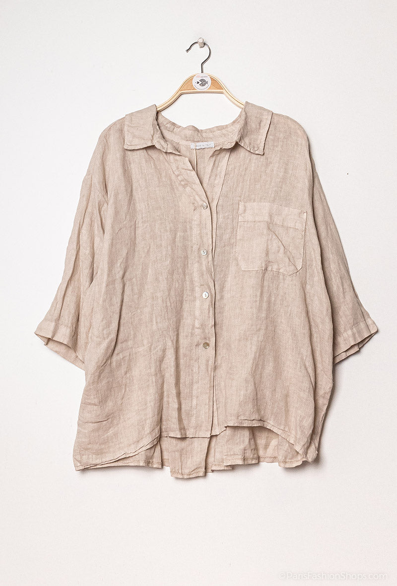 Oversized Linen Button Top-Beige