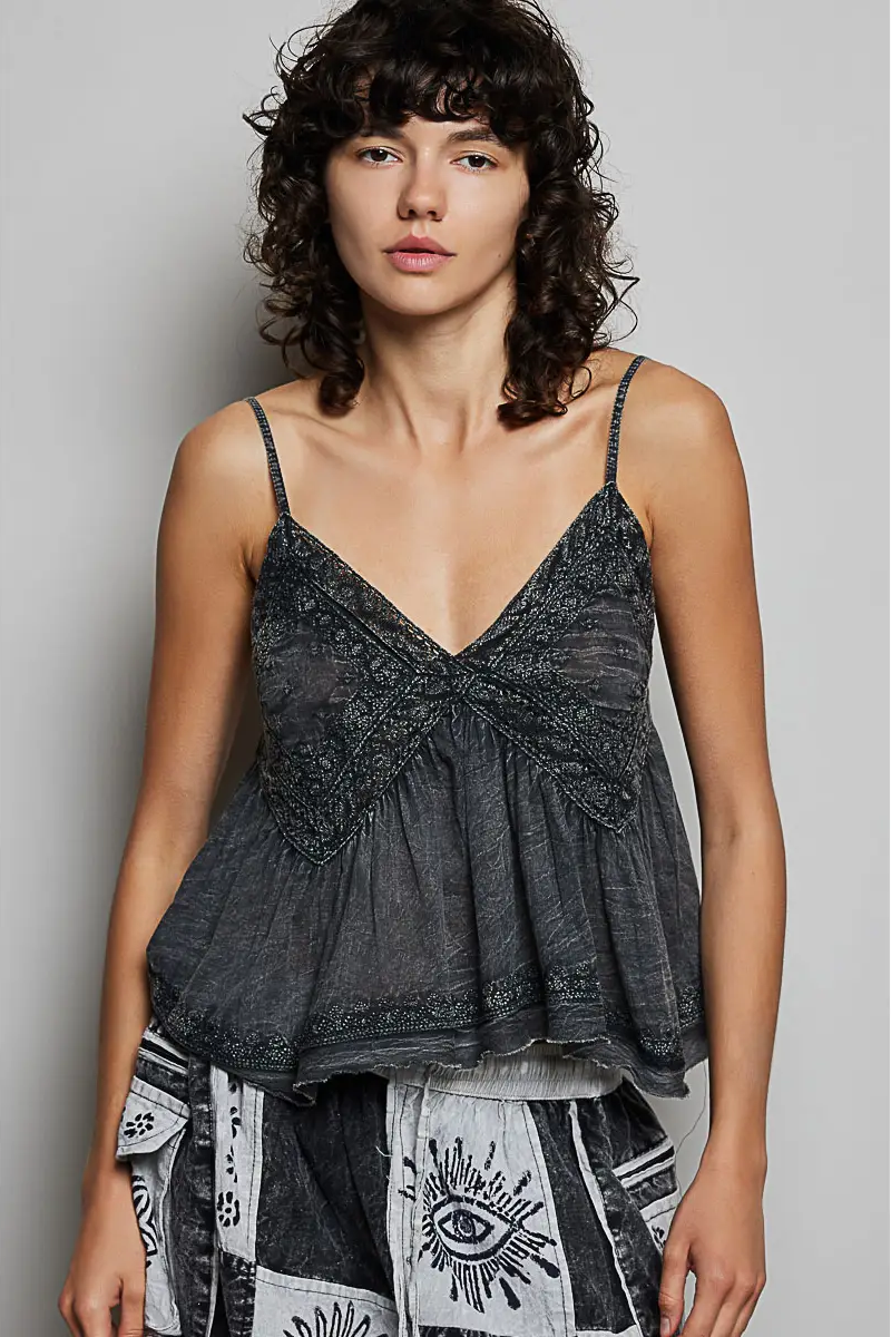 V-Neck Sleeveless Washing Effect Embroidered Woven Top