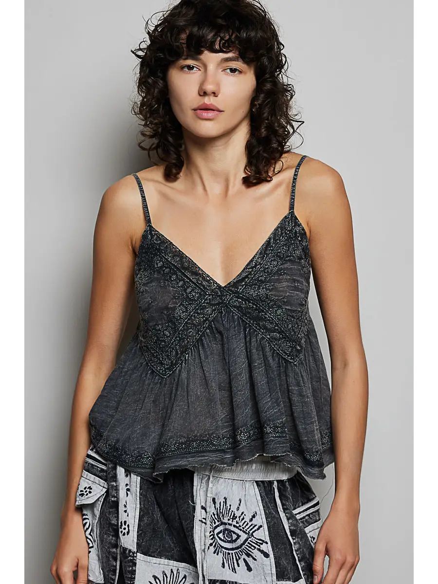 V-Neck Sleeveless Washing Effect Embroidered Woven Top