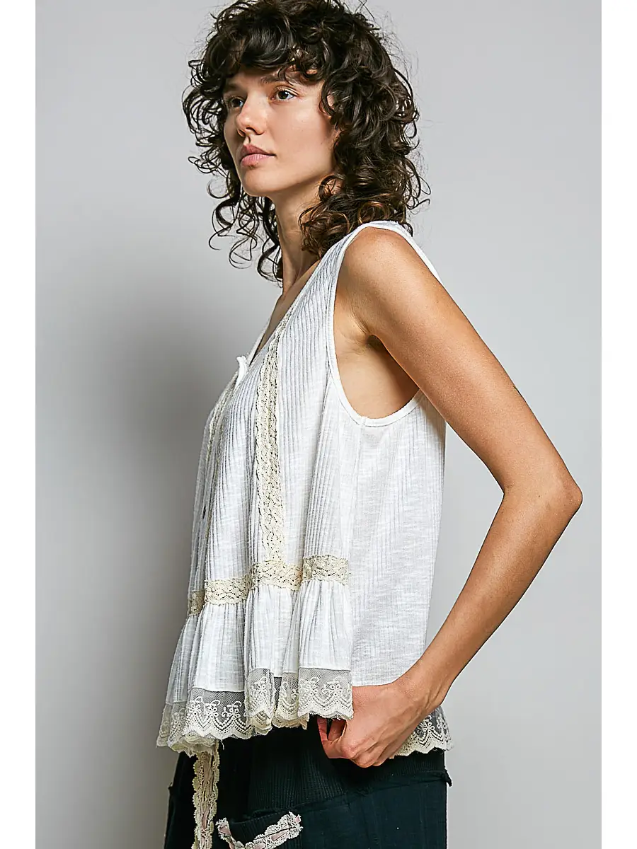 Button Down Lace Sleeveless Top