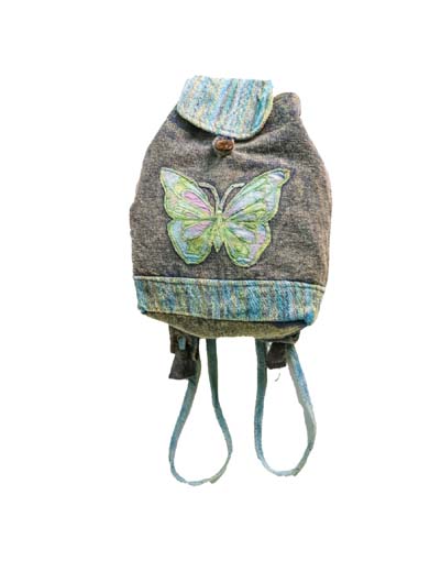 Blue Cotton Backpack with Embroidered Butterfly