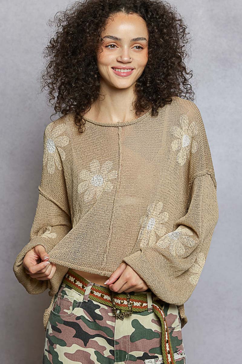 Round Neck Balloon Sleeve Floral Print Thin Sweater
