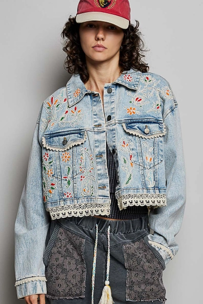 Floral Embroidery Lace Trim Denim Jacket