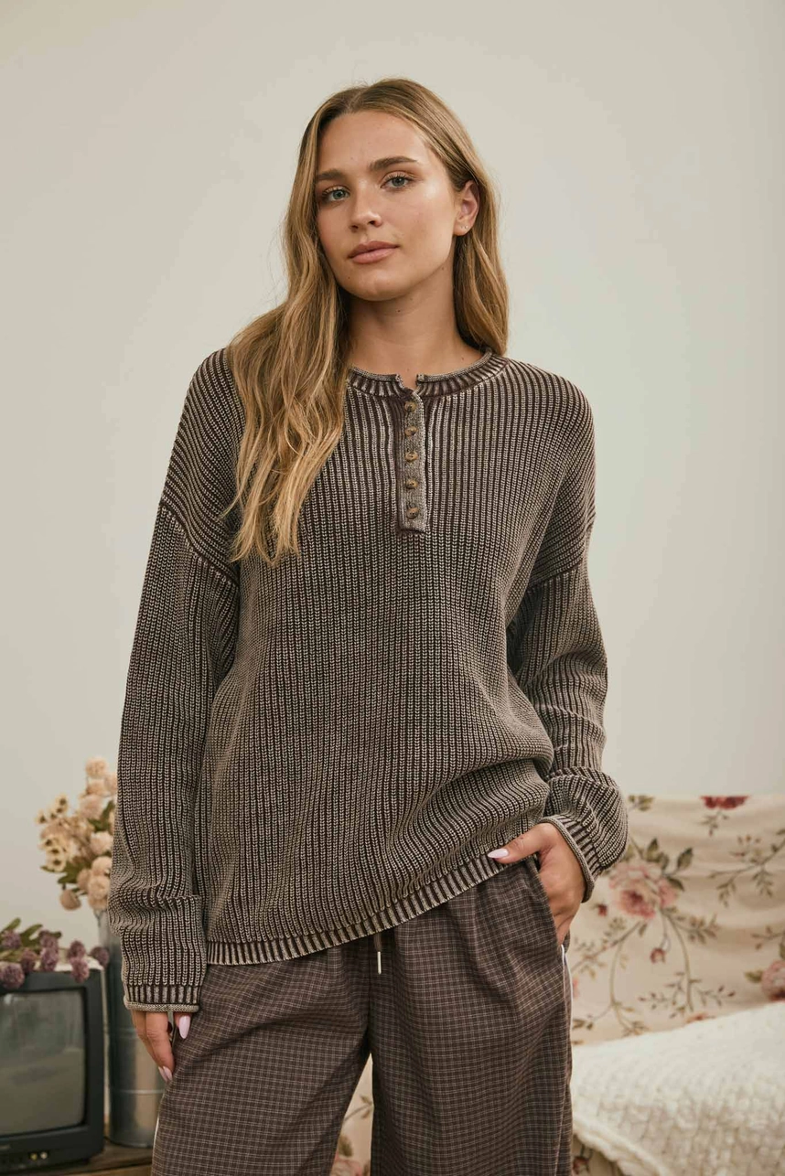 L/S Ribbed Drop Shoulder Henley Knit Sweater