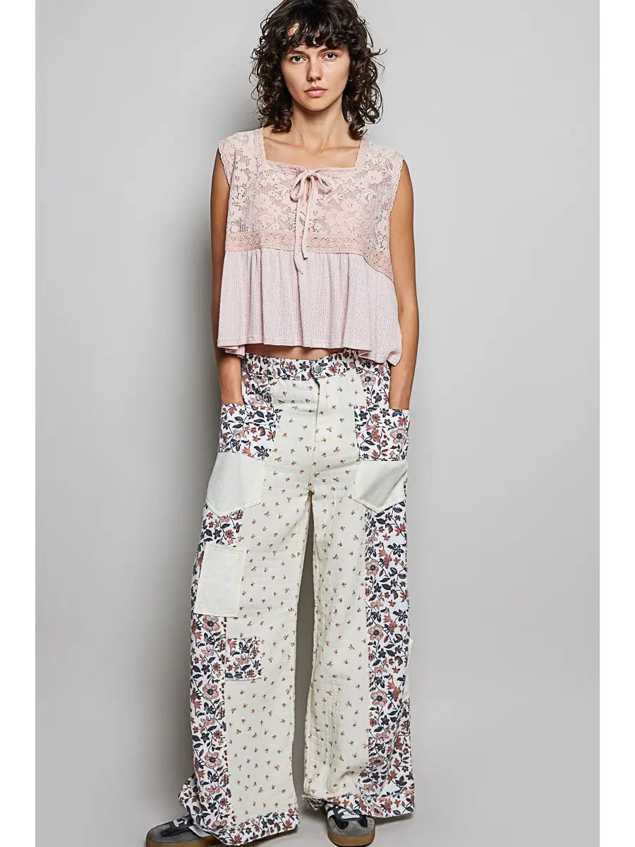 Lace Tie Front Peplum Sleeveless Top