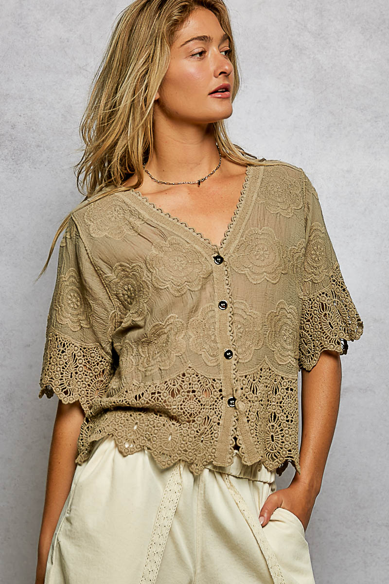 Crochet Trim Short Sleeve Jacket Top