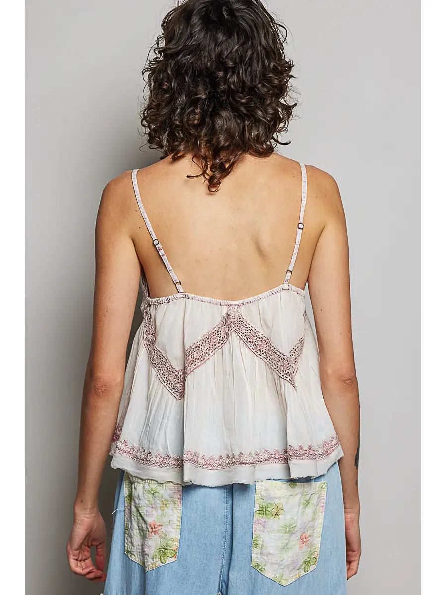V-Neck Sleeveless Washing Effect Embroidered Woven Top