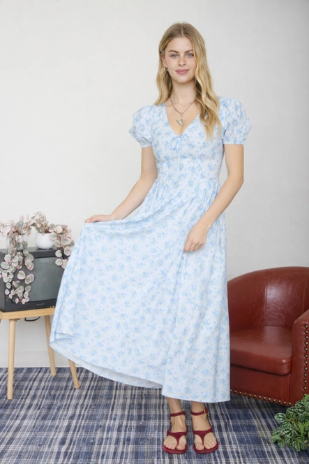 Floral Puff Sleeve Corset Detail Midi Dress