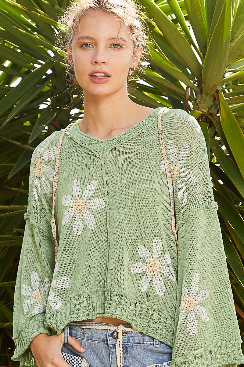 V-Neck Floral Print Hoodie Sweater