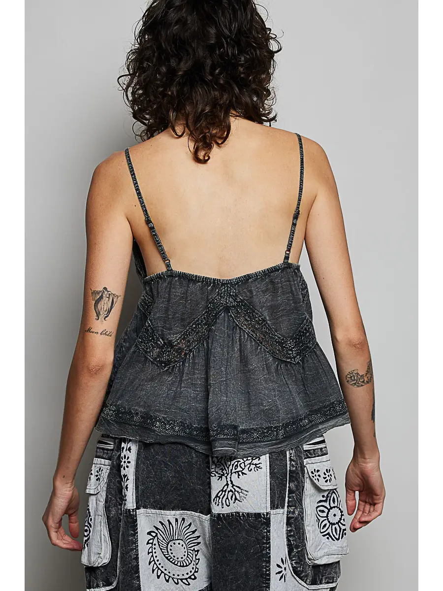 V-Neck Sleeveless Washing Effect Embroidered Woven Top