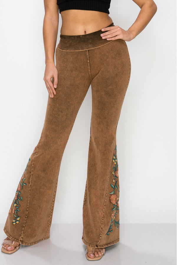 Mineral Wash Floral Embroidered Flare Pants