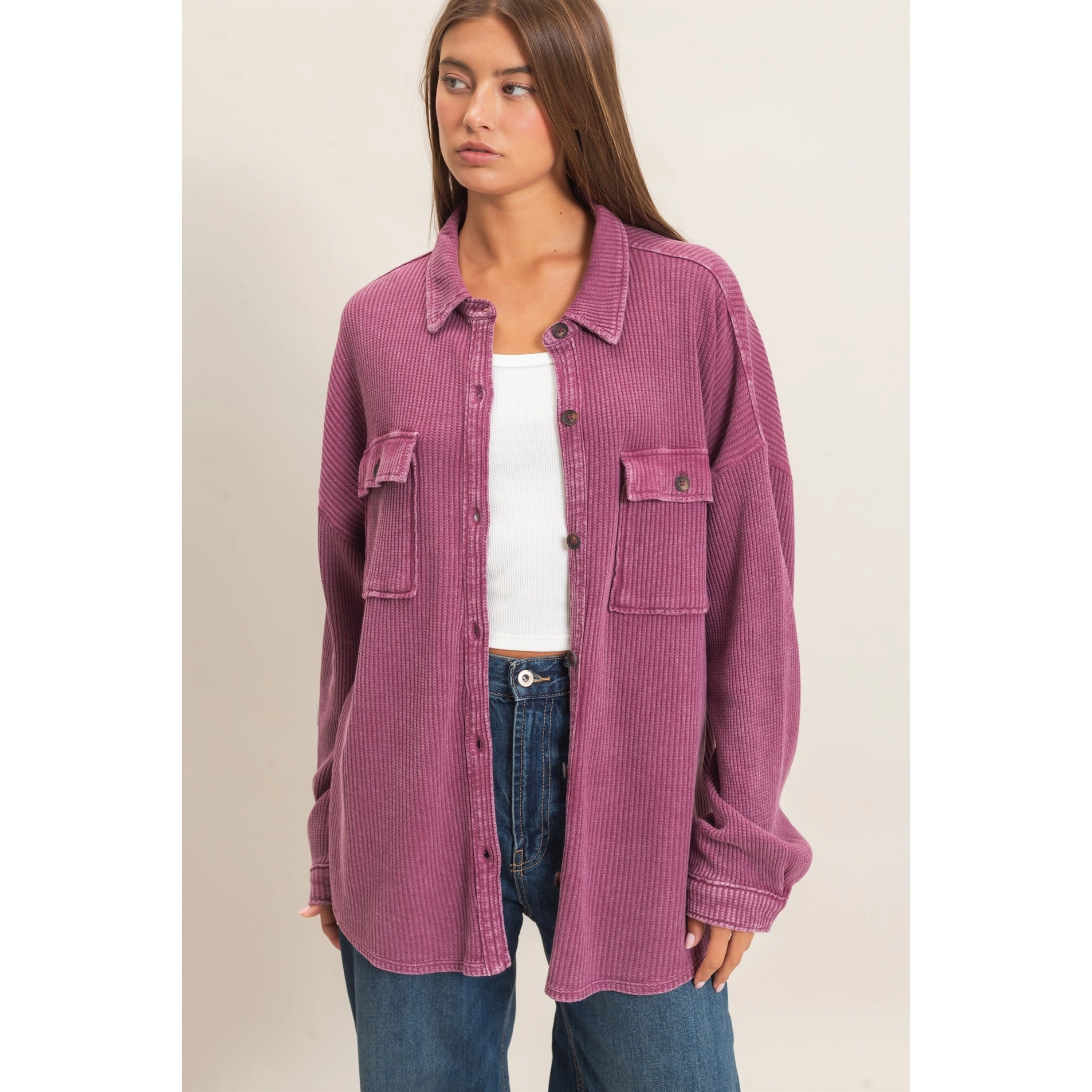 Mineral Wash Waffle Knit Button-Up Jacket