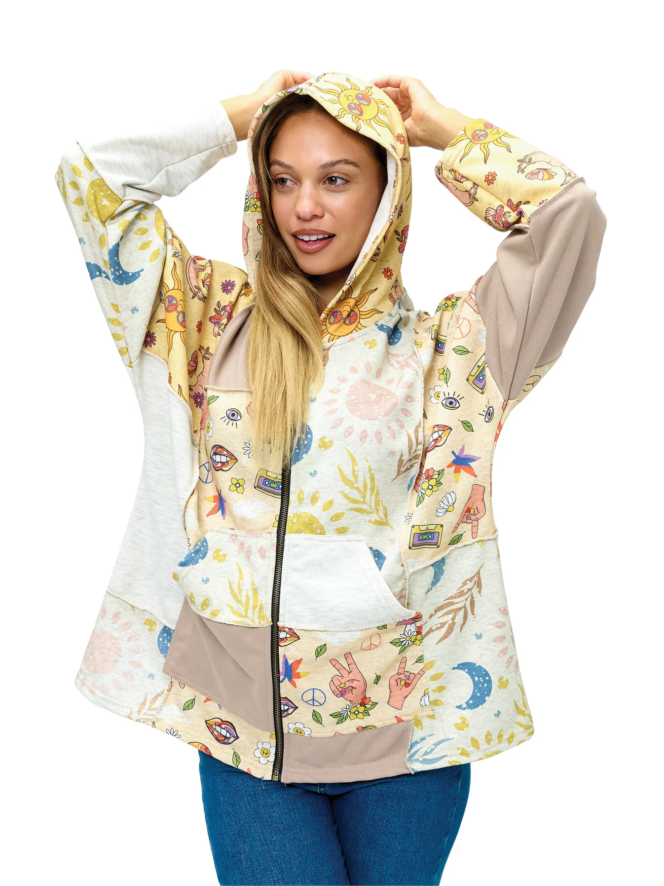 Whimsical Patch Zip-Up Hoodie